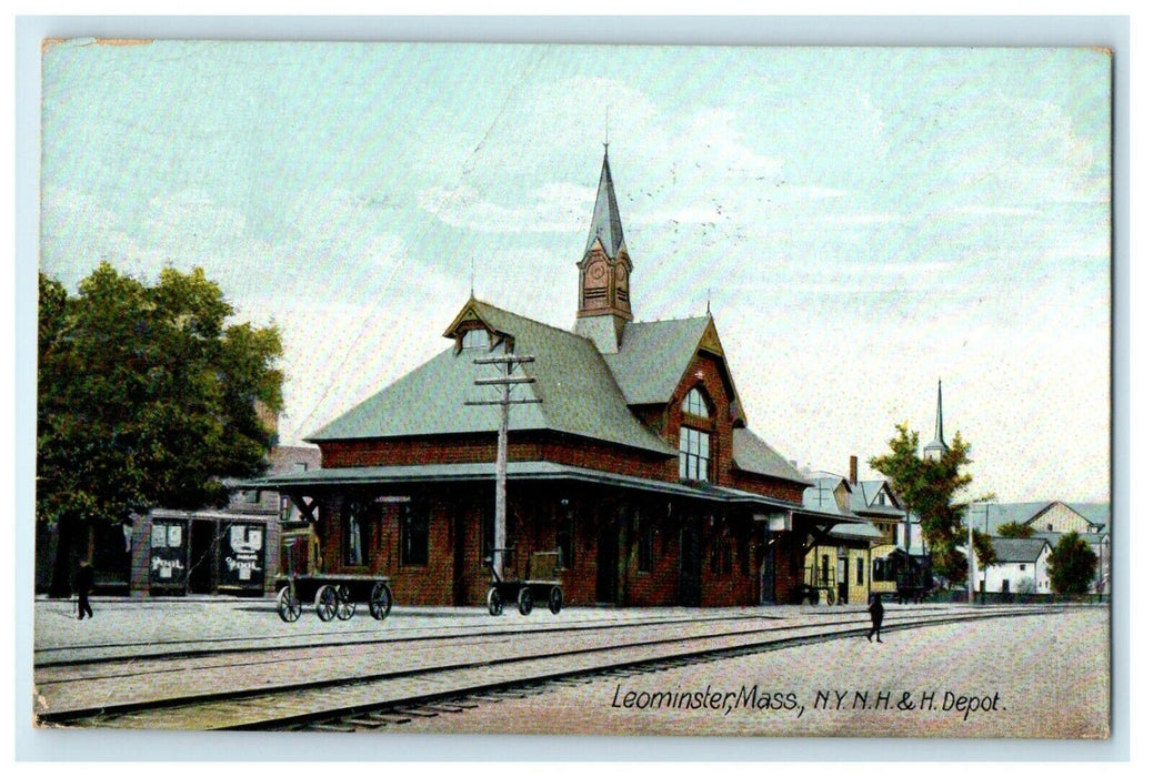 1912 N.Y.N.H & H. Depot Railroad Train Leominster Massachusetts MA Postcard