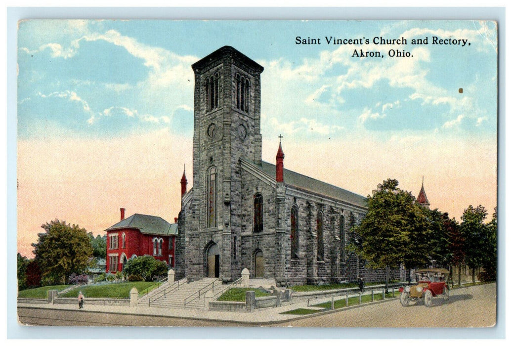 1918 Saint Vincent's Church and Rectory, Akron Ohio OH Antique Cancel Postcard