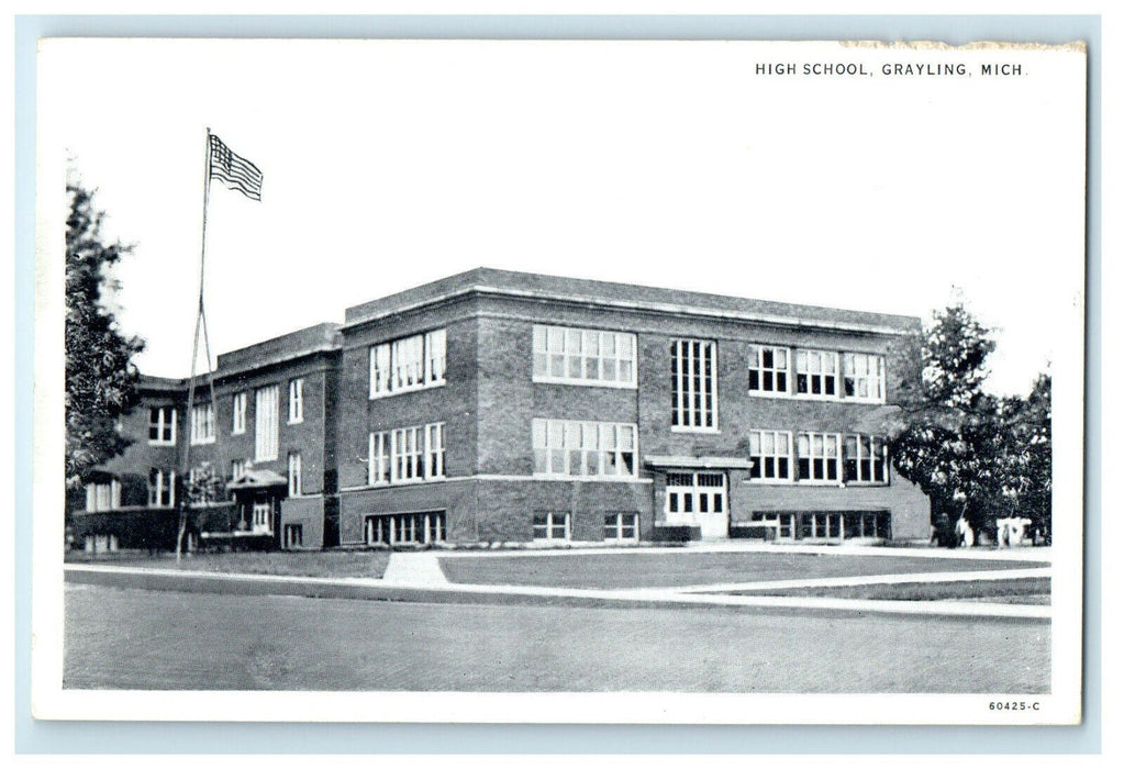 c1940s Flag Pole Standing in High School, Grayling, Michigan MI Postcard