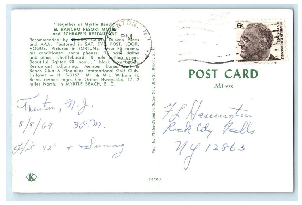 1969 El Rancho Resort Motel And Schraff's Restaurant Myrtle Beach SC Postcard
