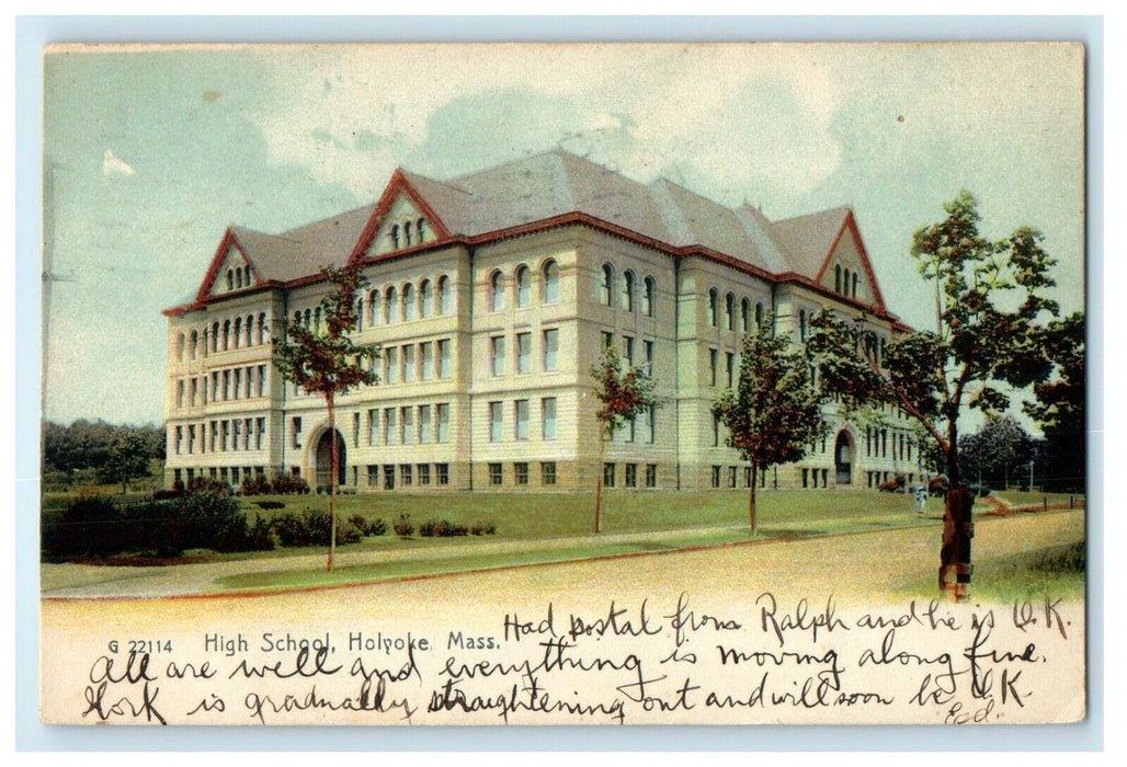c1910 High School, Holyoke, Massachusetts MA Posted Antique Postcard