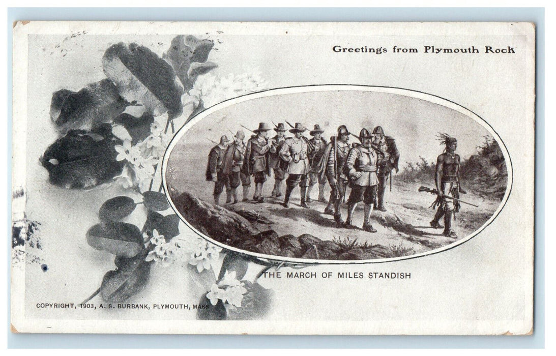 1904 The March of Miles Standish Greetings from Plymouth Rock MA Postcard