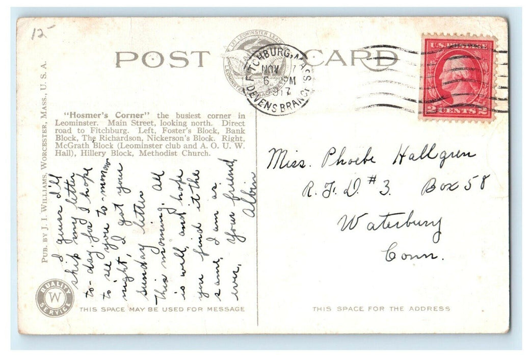 1917 Hosmer's Corner Main Street Leominster Massachusetts MA Antique Postcard