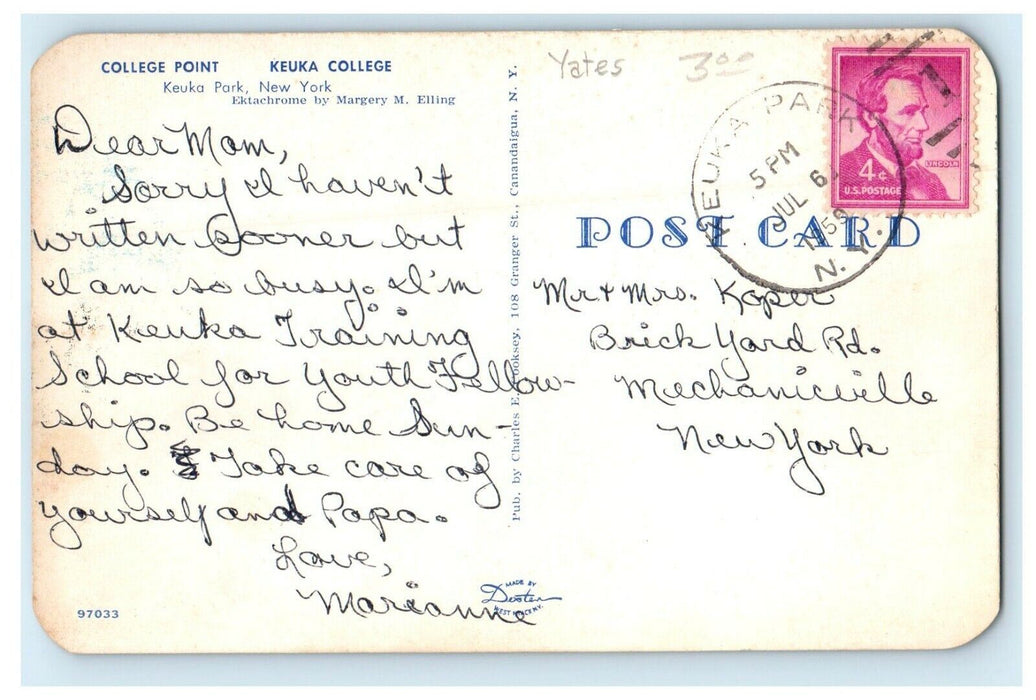 1959 College Point, Keuka College, Keuka Park New York NY Beach Bathing Postcard
