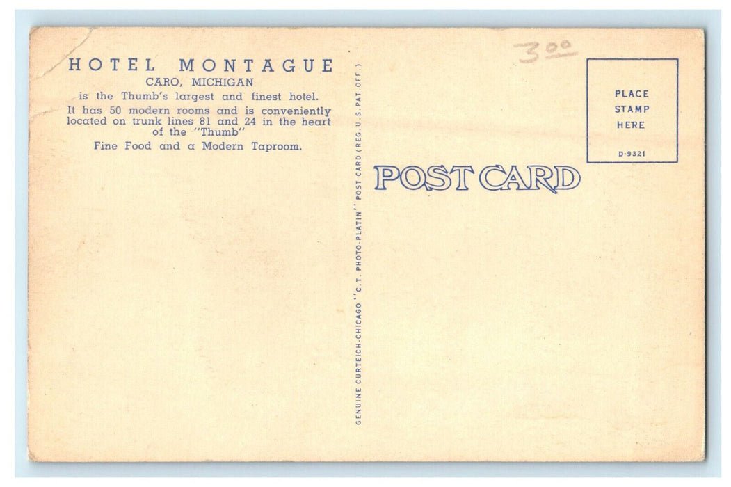 c1940s Hotel Montague, Caro Michigan MI Advertising Unposted Postcard