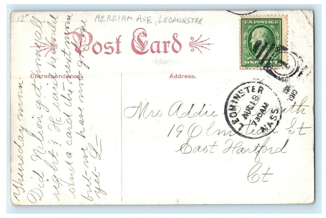 1910 Meriam Avenue Tree Linen Leominster Massachusetts MA Antique Postcard