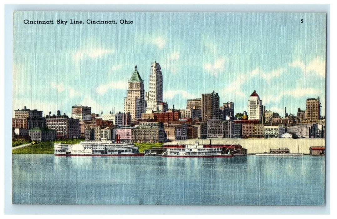 c1940's Bird's Eye View Of Cincinnati Sky Line Steamboat Ship Ohio OH Postcard