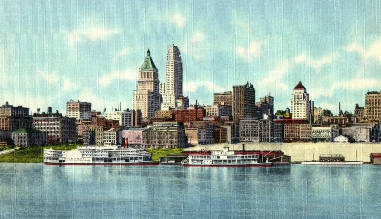 c1940's Bird's Eye View Of Cincinnati Sky Line Steamboat Ship Ohio OH Postcard