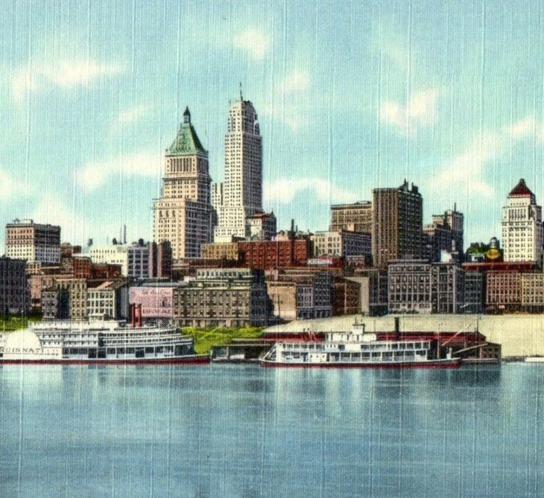 c1940's Bird's Eye View Of Cincinnati Sky Line Steamboat Ship Ohio OH Postcard