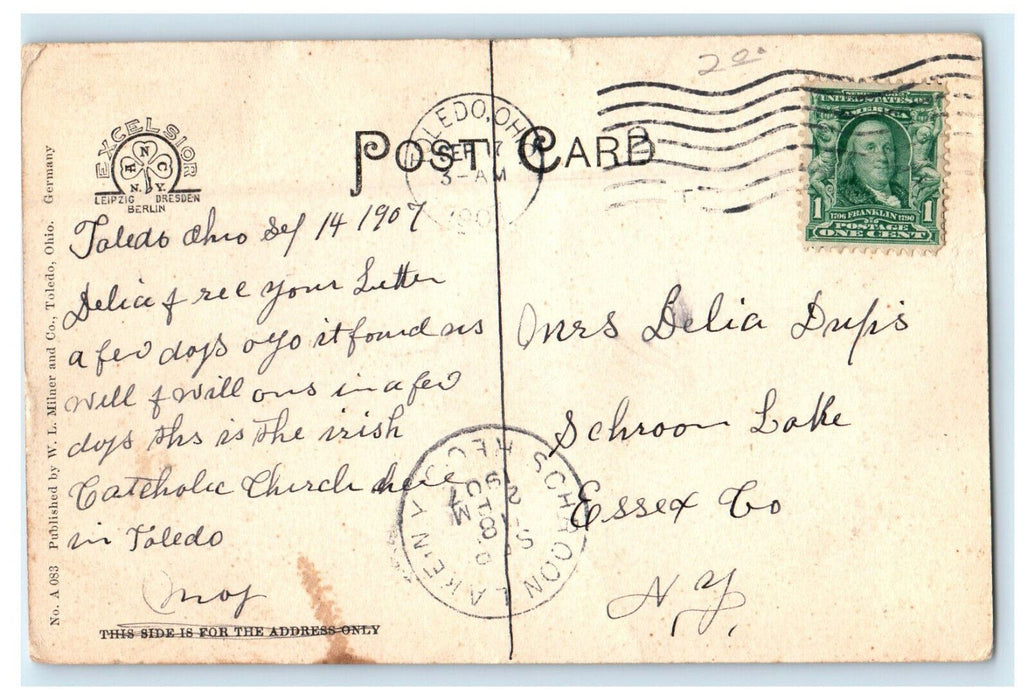 1907 Schroon Lake N.Y. St. Patricks Church Toledo Ohio OH Posted Postcard