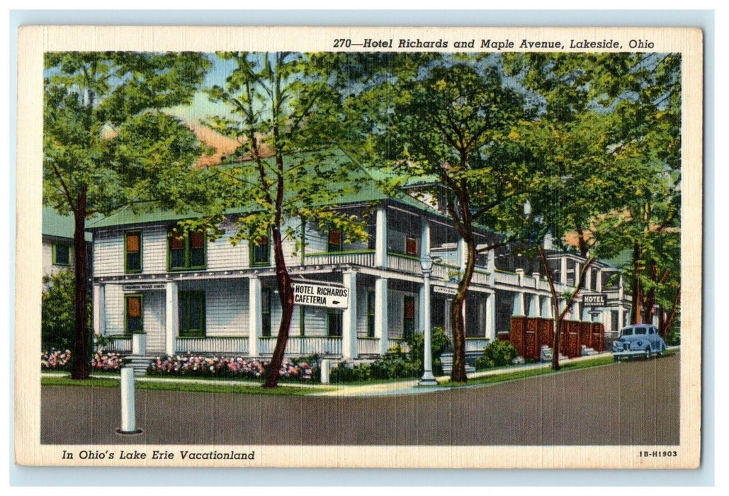 c1940's Hotel Richards And Maple Avenue Lakeside Ohio OH Vintage Postcard