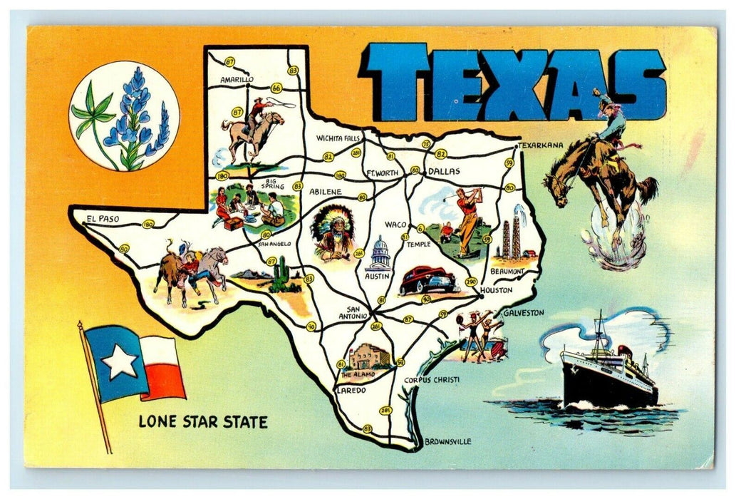 1959 Texas TX, Map View Lone Start State Flag Posted Vintage Postcard