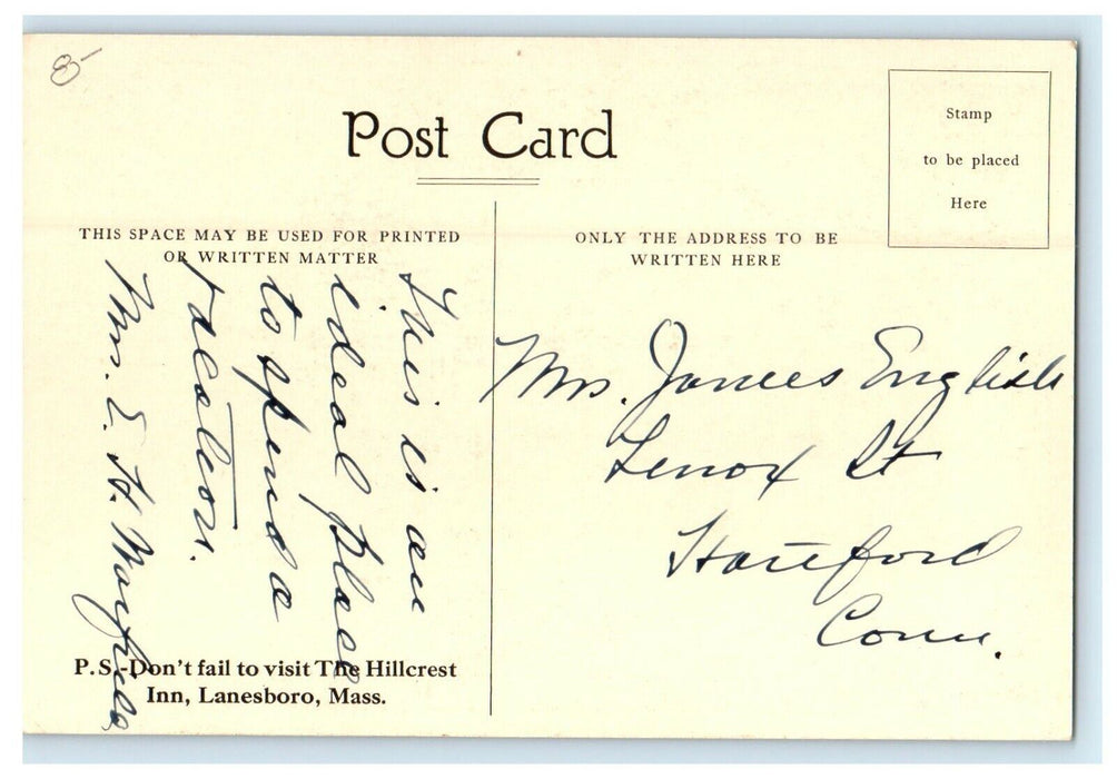 c1922 House View, The Hillcrest Inn, Lanesboro Massachusetts MA Antique Postcard