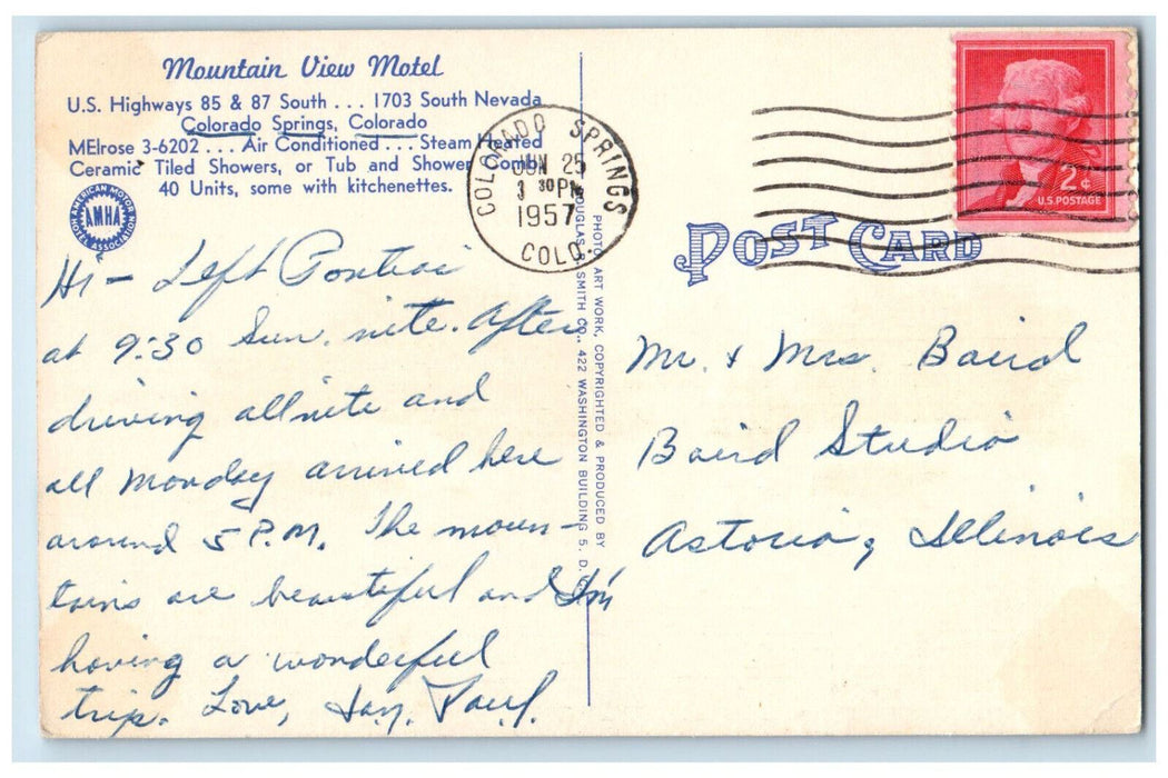 1957 Mountain View Motel Colorado Springs Colorado CO AMHA Postcard