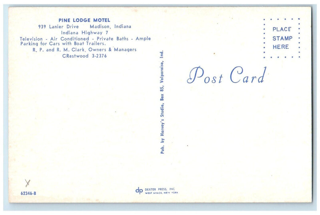 c1960's Pine Lodge Motel Car Front Madison Indiana IN Unposted Vintage Postcard