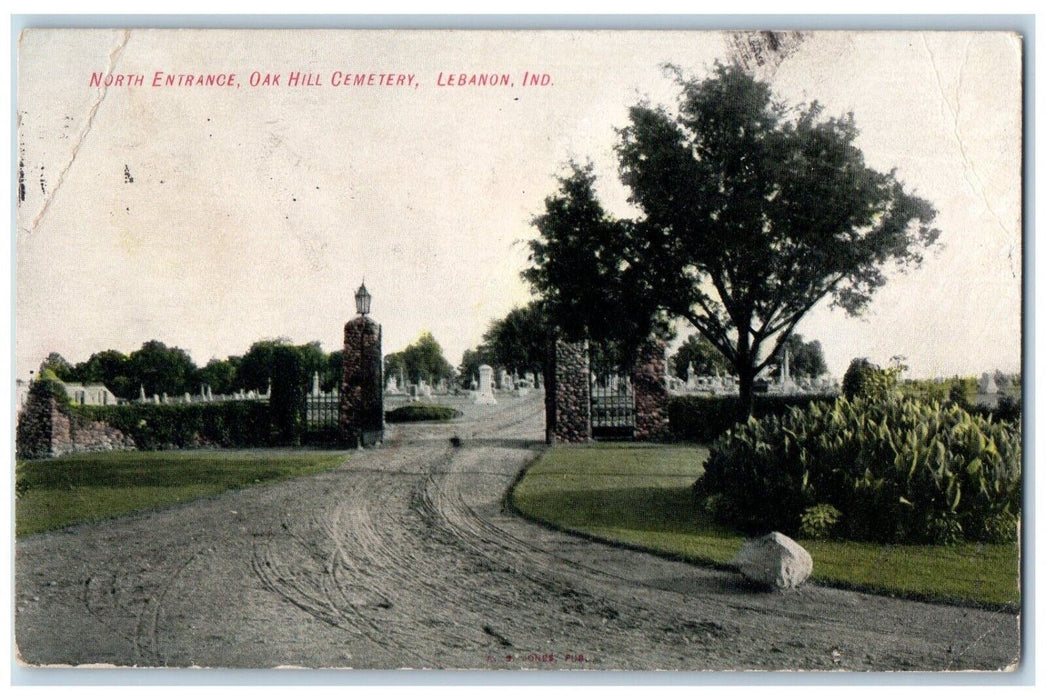 1907 North Entrance Oak Hill Cemetery Gate Entrance Lebanon Indiana IN Postcard
