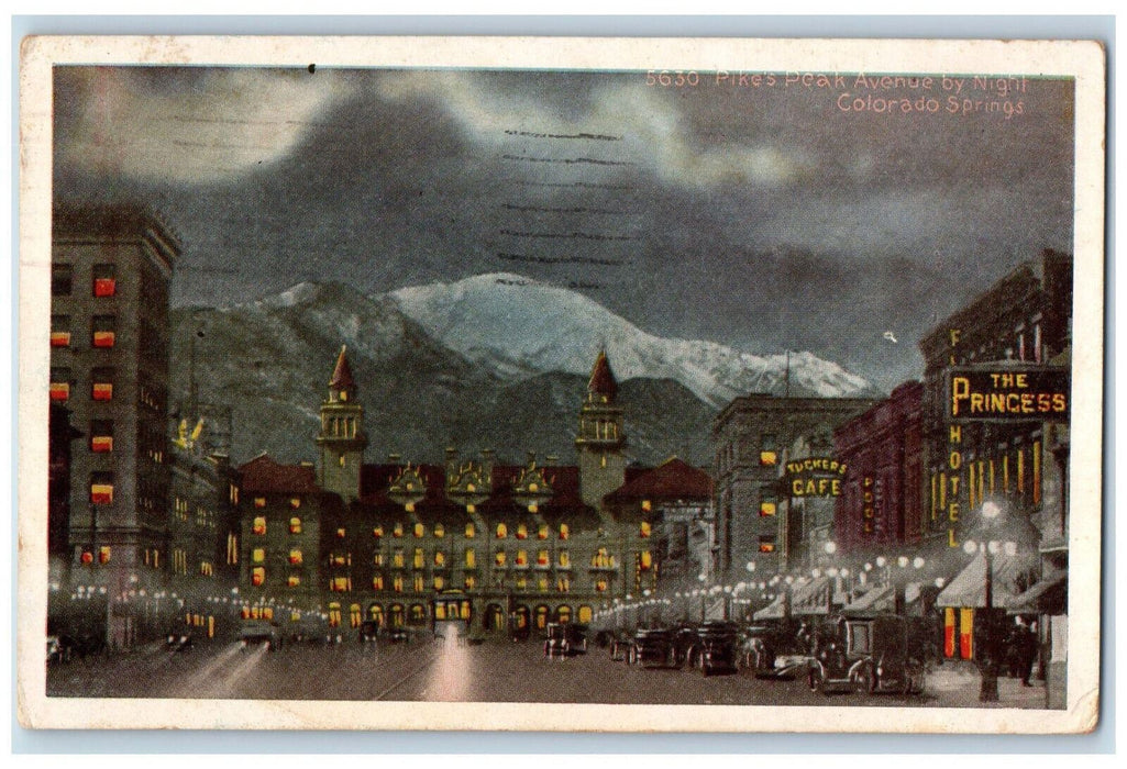 1921 Street Lights, Pikes Peak Avenue By Night Colorado Springs CO Postcard