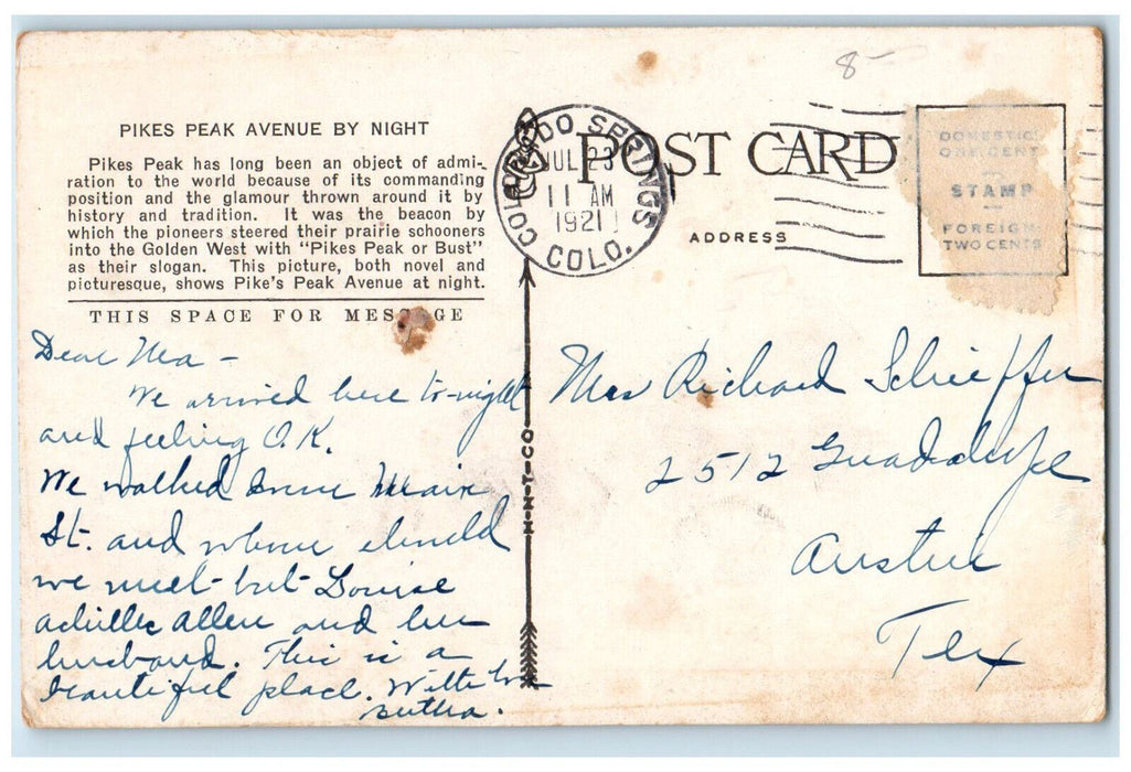 1921 Street Lights, Pikes Peak Avenue By Night Colorado Springs CO Postcard