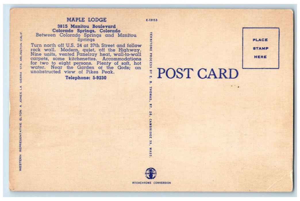 c1940's Maple Lodge Manitou Blvd. Colorado Springs Colorado CO AMHA Postcard