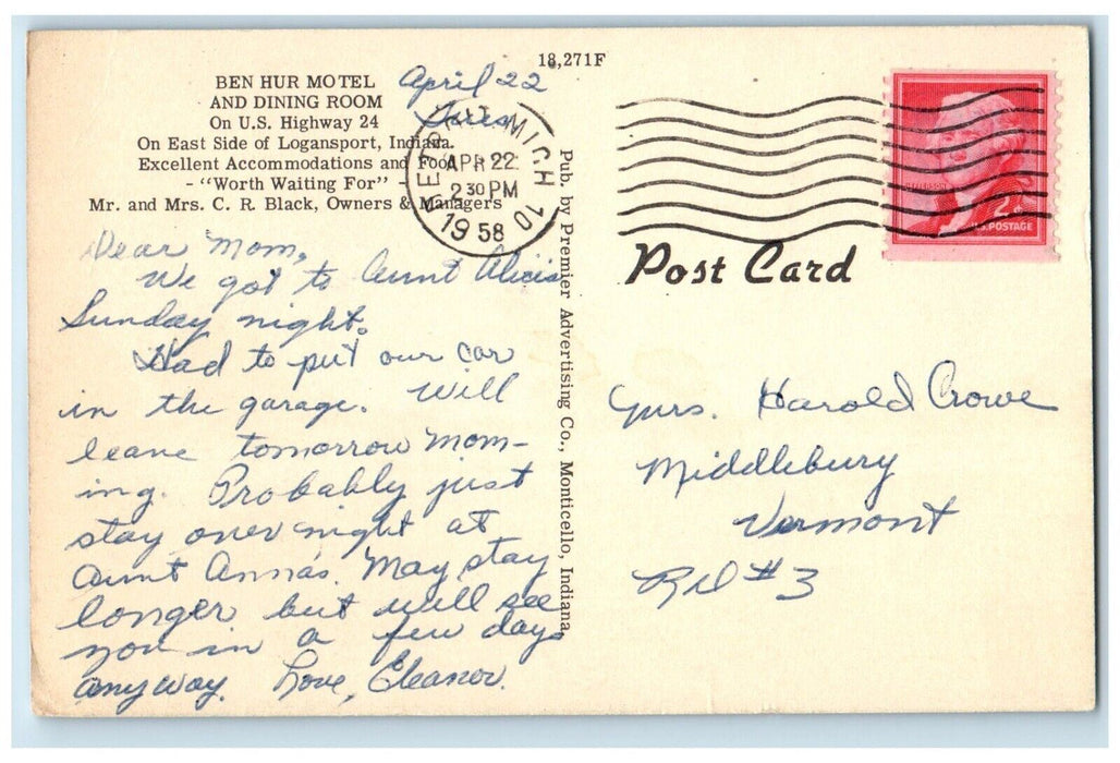 1958 Ben Hur Motel And Dining Room Hi-way 24 East Logansport Indiana IN Postcard