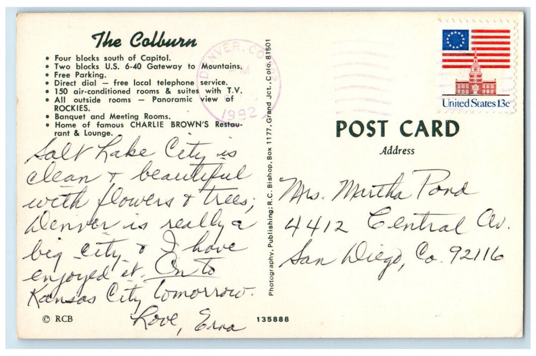 1982 Colburn Hotel, Charlie Browns Restaurant Denver Colorado CO Postcard