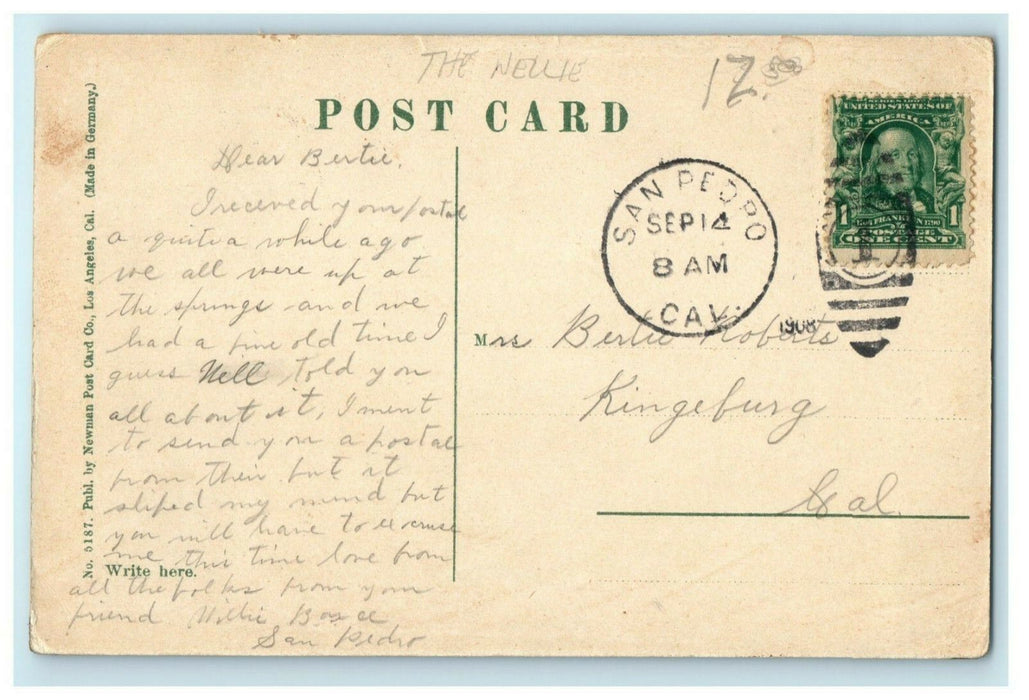 1908 Nellie Long Beach California CA San Pedro Ship Posted Antique Postcard