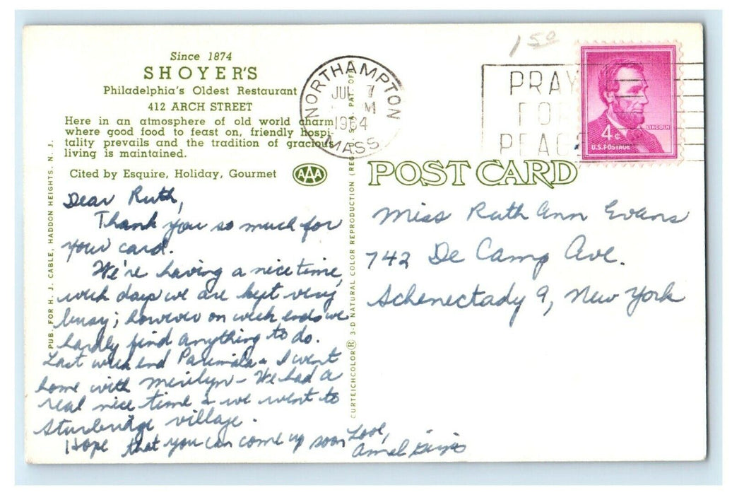 1964 Philadelphia PA, Shoyer's Oldest Restaurant Dining Room Interior Postcard
