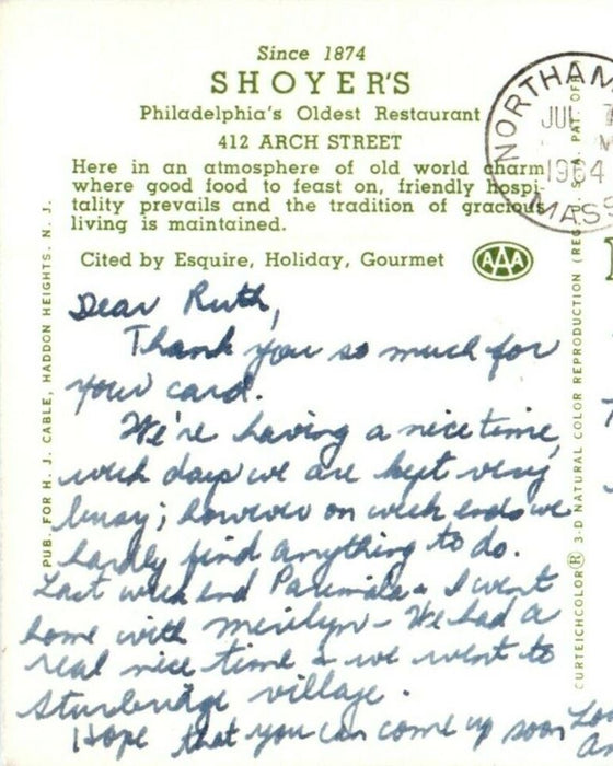 1964 Philadelphia PA, Shoyer's Oldest Restaurant Dining Room Interior Postcard