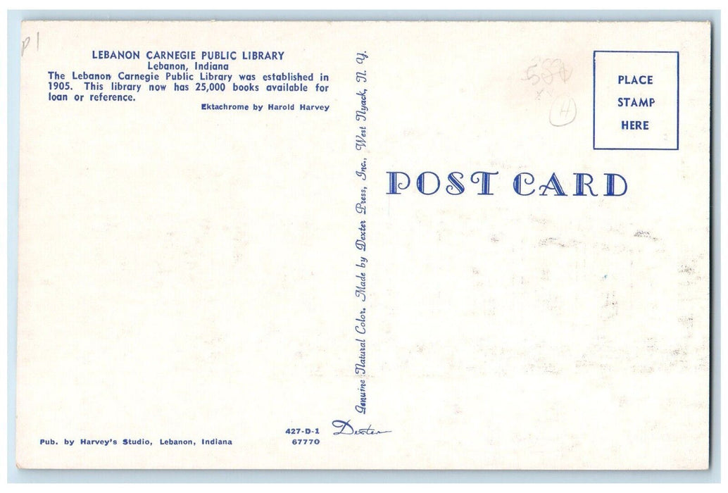 c1950's Lebanon Indiana IN, Lebanon Carnegie Public Library Street View Postcard