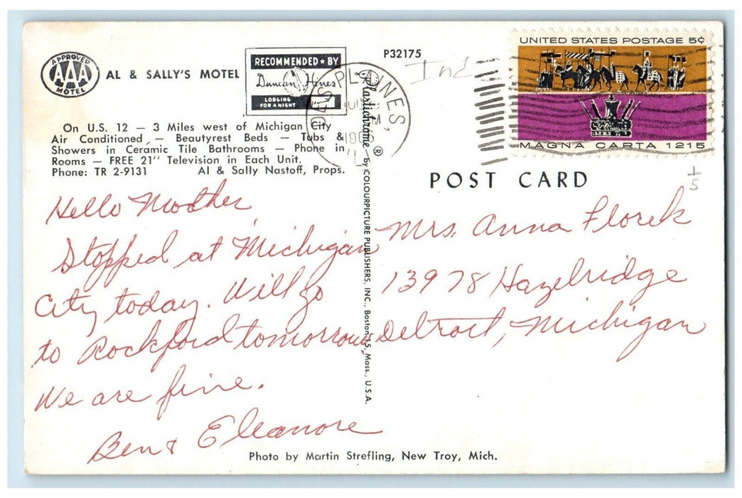 1965 AL & Sally's Motel Michigan City Indiana IN Posted Vintage Postcard
