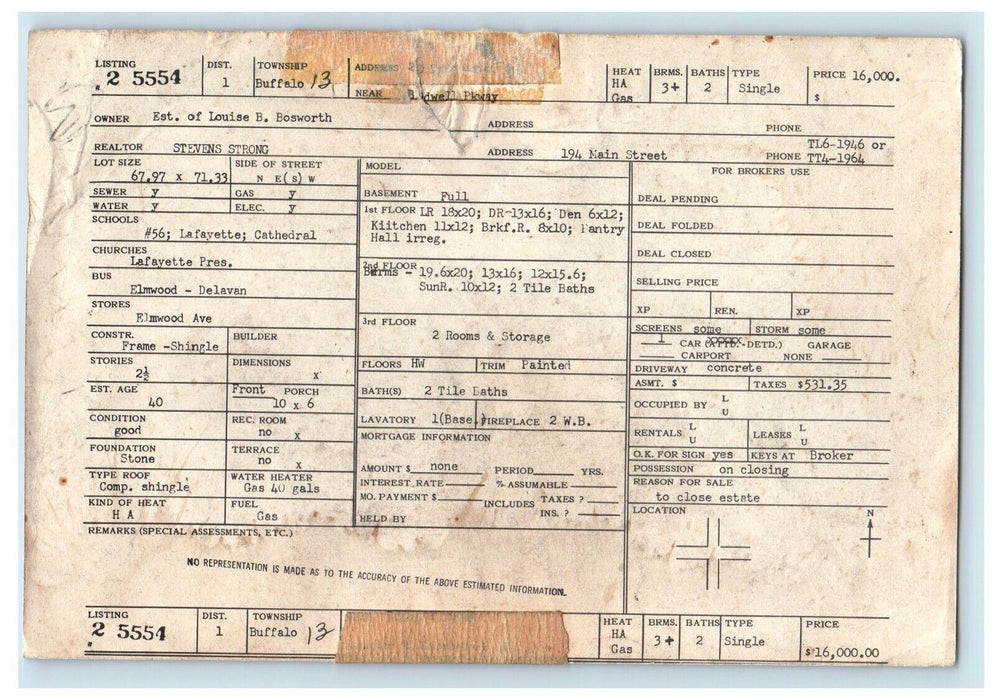 c1940's Buffalo NY 20 Dorchester Rd. Real Estate Advertising MLS Listing Card