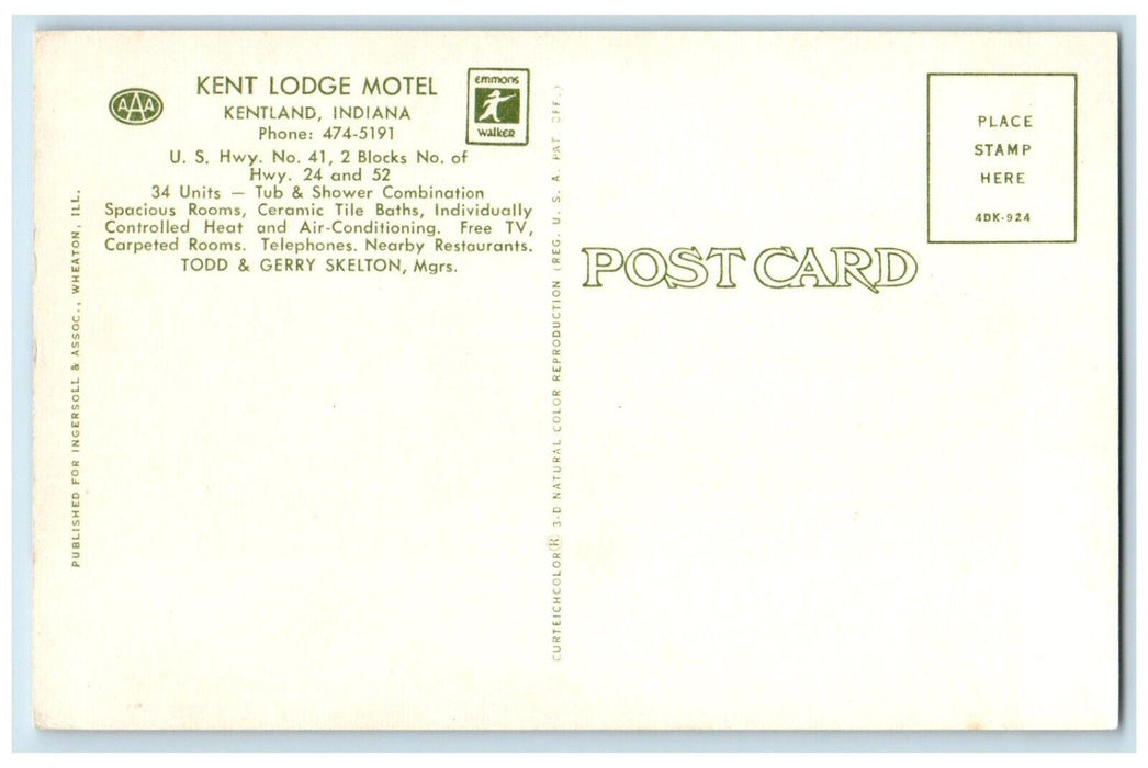 c1950's Kent Lodge Motel Chairs Flag Kentland Indiana IN Vintage Postcard