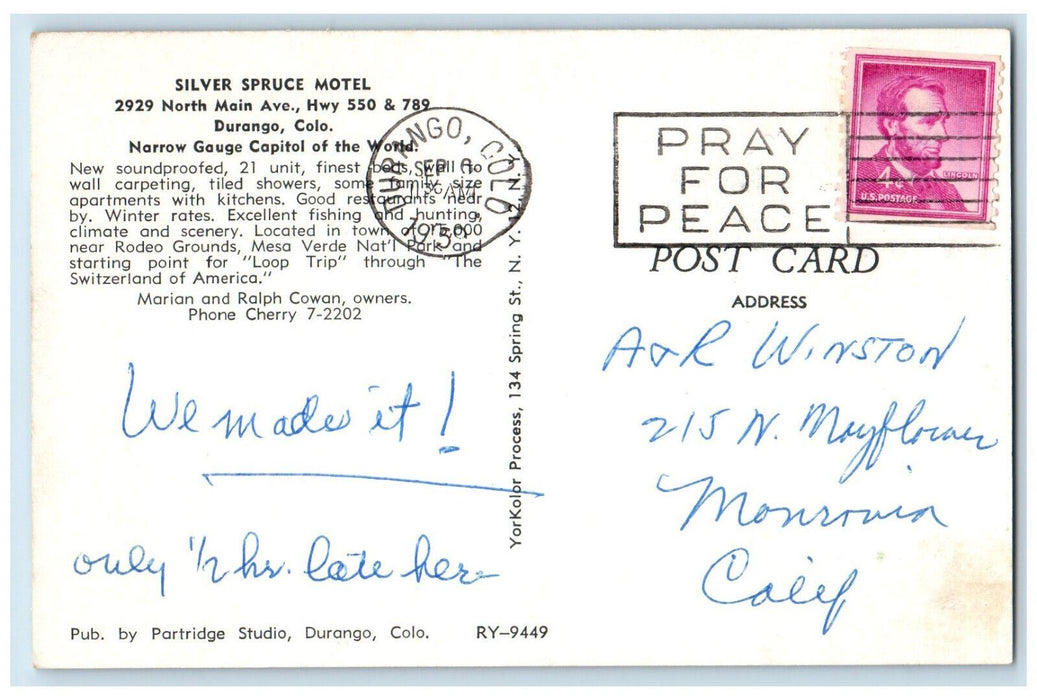 1959 Silver Spruce Motel, 2929 North Main Ave. Durango Colorado CO Postcard