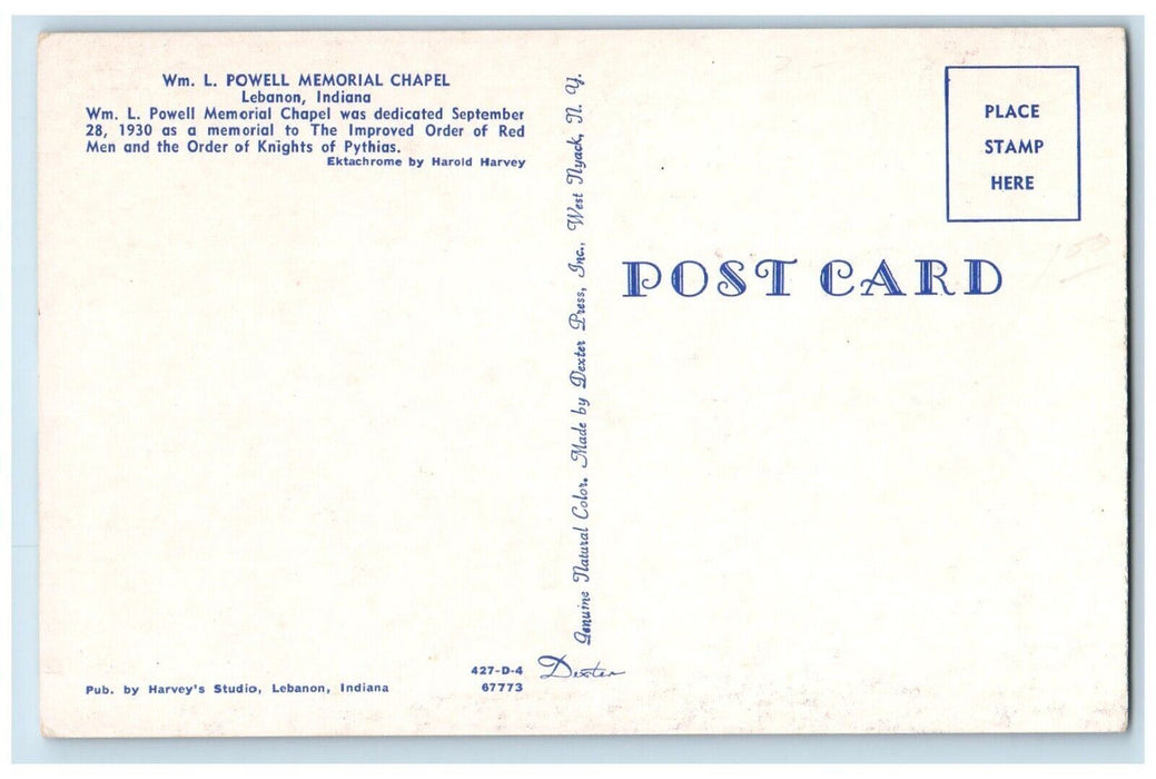 c1950's Wm. L. Powel Memorial Chapel Pine Trees Lebanon Indiana IN Postcard
