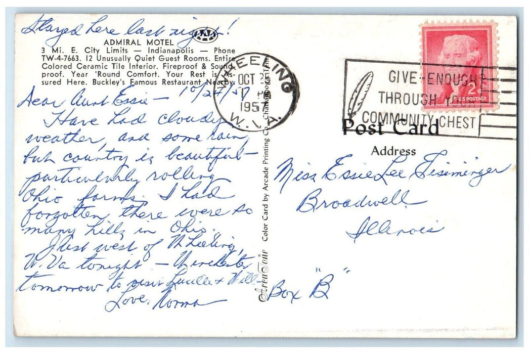 1957 View Of Admiral Hotel Indianapolis Indiana IN, Wheeling WV Vintage Postcard