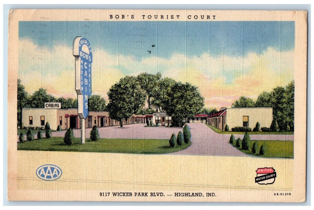 1949 Bob's Tourist Court Cabins Highland Indiana IN Posted Vintage Postcard