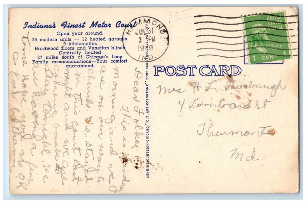 1949 Bob's Tourist Court Cabins Highland Indiana IN Posted Vintage Postcard