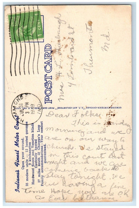 1949 Bob's Tourist Court Cabins Highland Indiana IN Posted Vintage Postcard