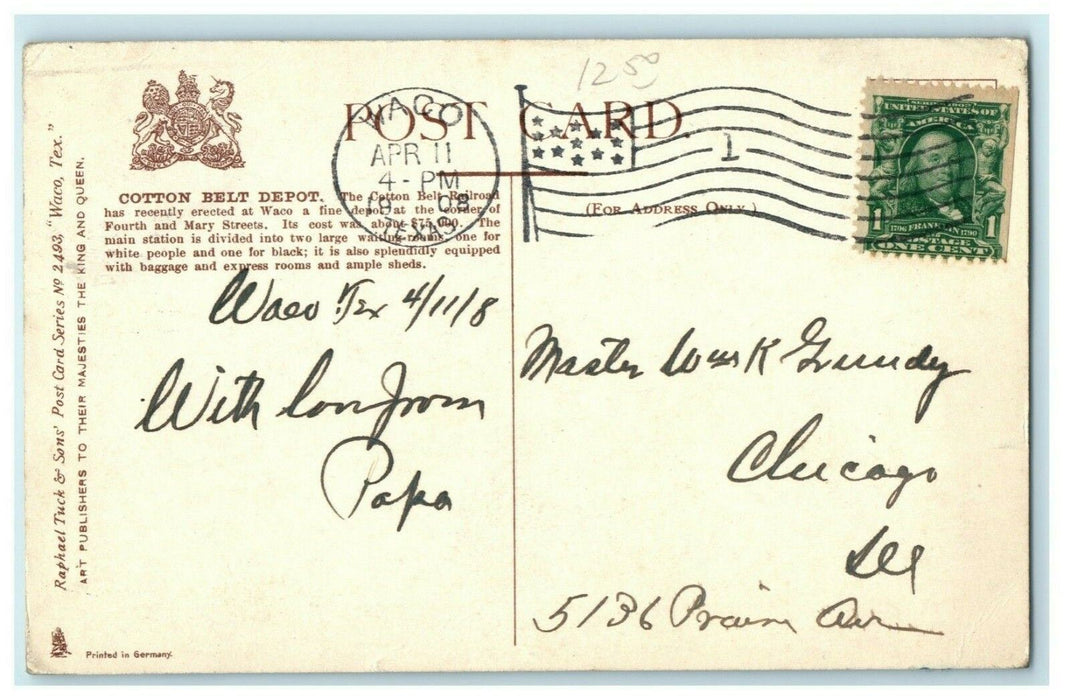 1908 Waco Cotton Belt Depot Texas TX Raphael Tuck Posted Antique Postcard