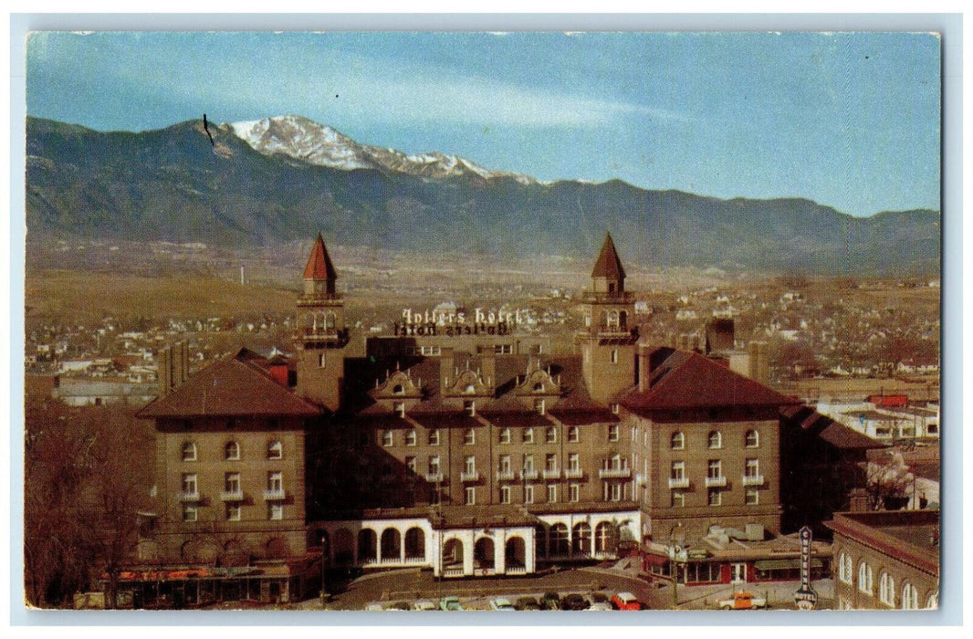 c1950's Antlers Hotel Showing Covered Pikes Peak Colorado Springs CO Postcard