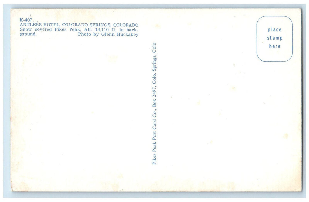 c1950's Antlers Hotel Showing Covered Pikes Peak Colorado Springs CO Postcard
