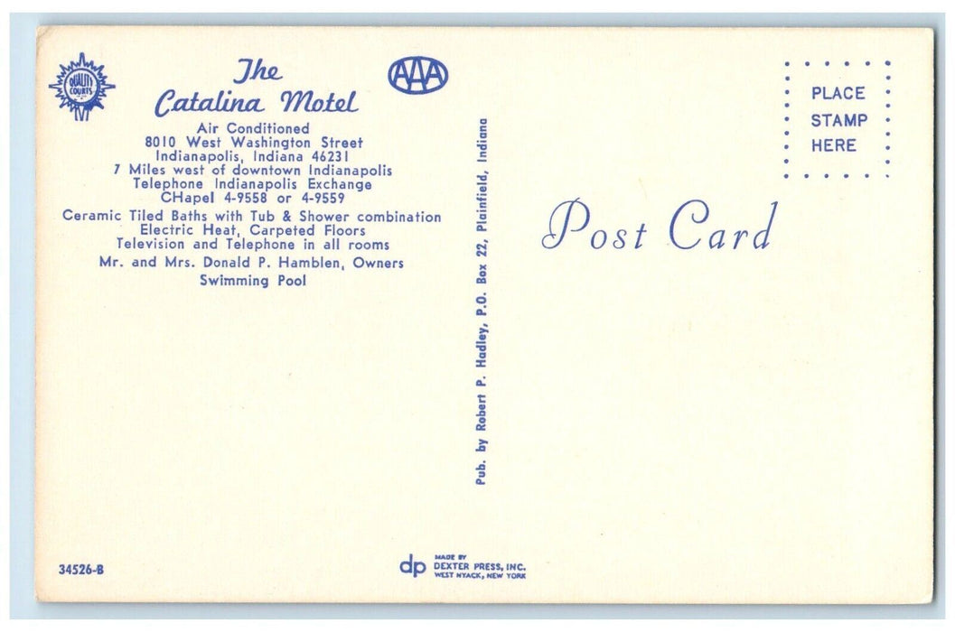 c1950's The Catalina Motel Car Indianapolis Indiana IN Unposted Vintage Postcard