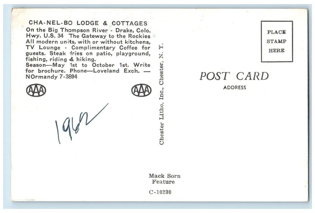 1962 Cha-Nel-Bo Lodge & Cottages On Big Thompson River Drake CO Postcard
