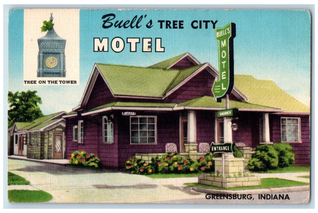 Buell's Tree City Motel Greensburg Indiana IN, Tree On The Tower Postcard