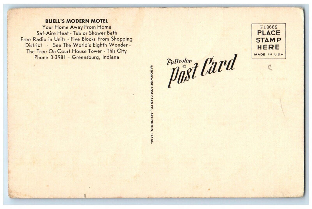 Buell's Tree City Motel Greensburg Indiana IN, Tree On The Tower Postcard