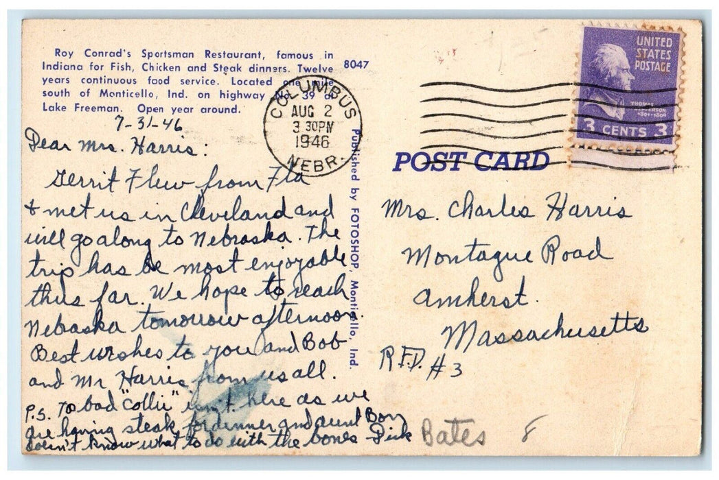 1946 Roy Conrad's Sportsman Restaurant And Hotel Car Monticello IN Postcard