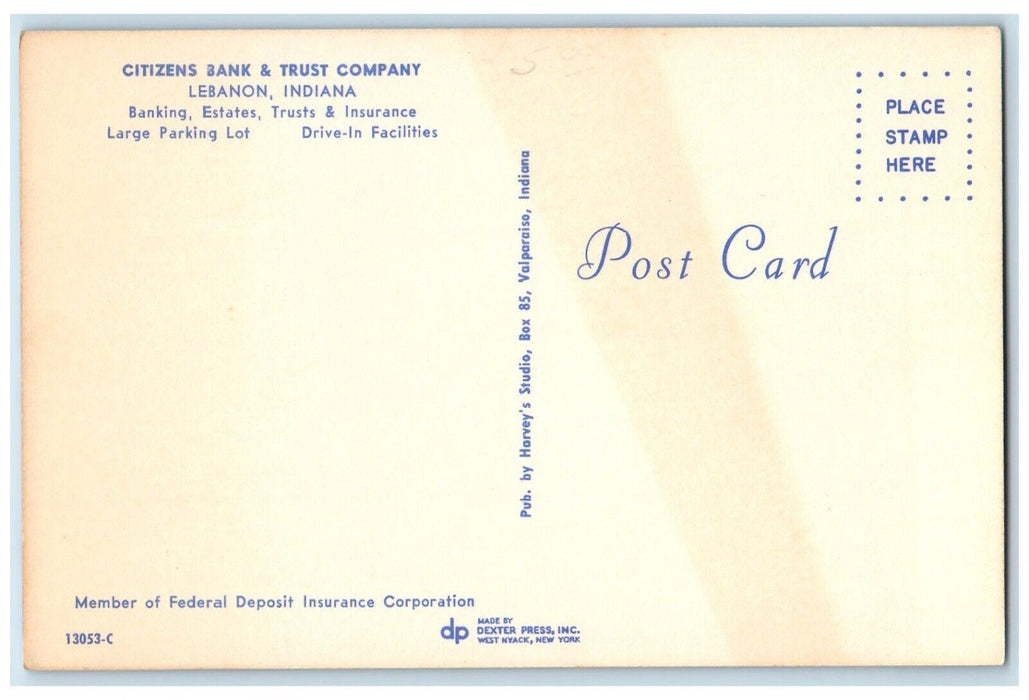 Citizens Bank & Trust Company Building Cars Lebanon Indiana IN Vintage Postcard