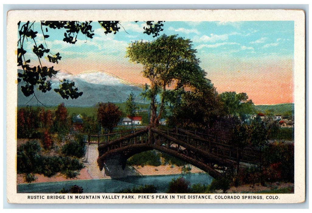 c1930's Rustic Bridge in Mountain Valley Park, Colorado Springs CO Postcard