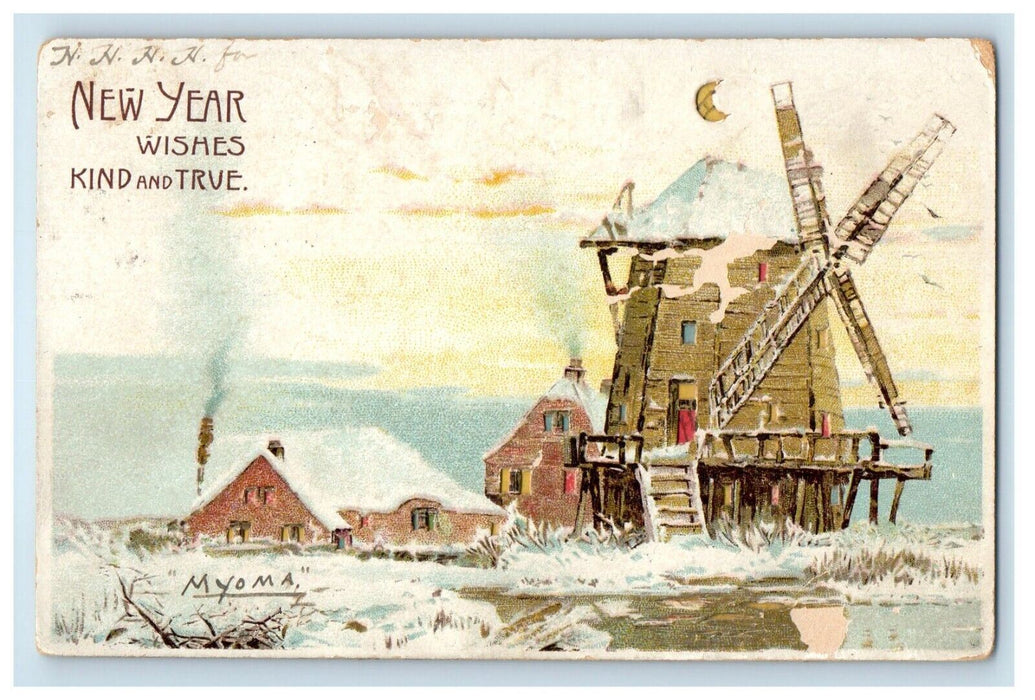 c1905 HTL New Year Windmill Holland Snow Moon Hold to Light Posted Postcard