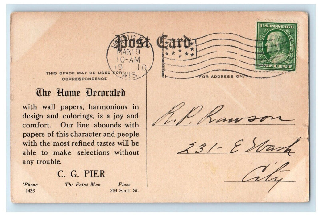 1910 Victorian Wallpaper Advertising C.G. Pier Wausau WI Interior Postcard